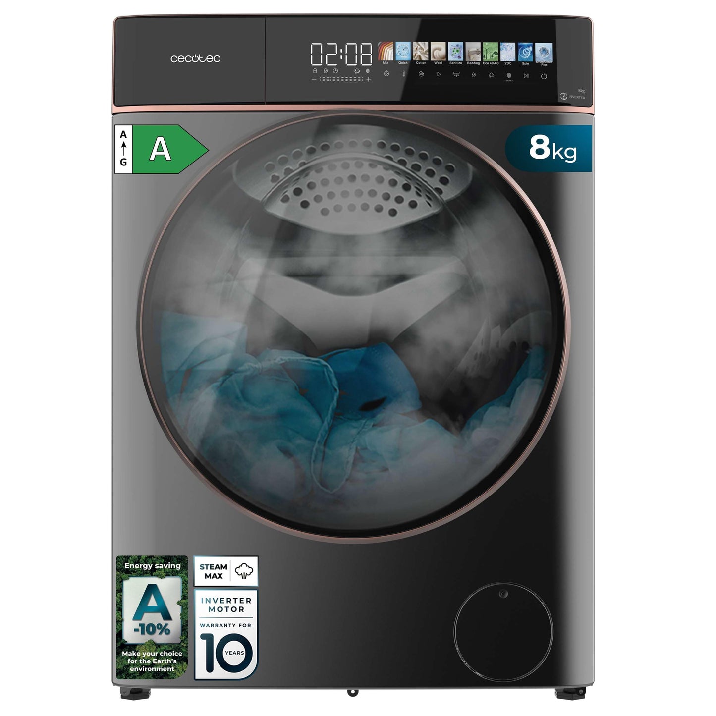 Cecotec Washing Machine 10 kg Front Loader Bolero Dress Code 10950 Car Socket Inverter 3D Steel A. 1400 rpm, Matrix Display 9.2 Inches, 16 Prog, Low Consumption, Inverter Plus Motor, Auto Dosage,