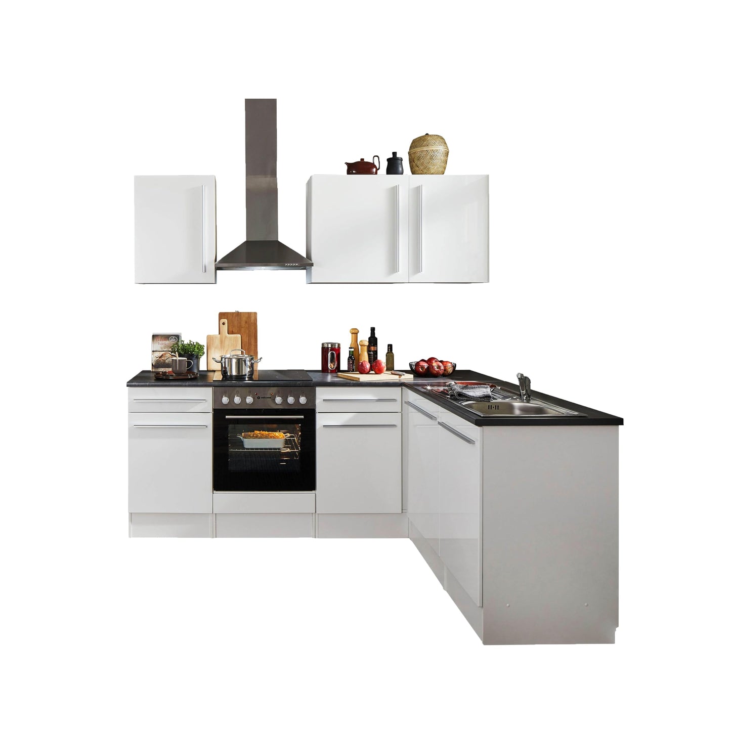 Jazz 8 Modern Corner Kitchen without Electrical Appliances in White High Gloss, Metallic Grey - Spacious Kitchen Unit in L-Shaped with Lots of Storage Space - 220 x 211 x 60 cm (W x H x D)
