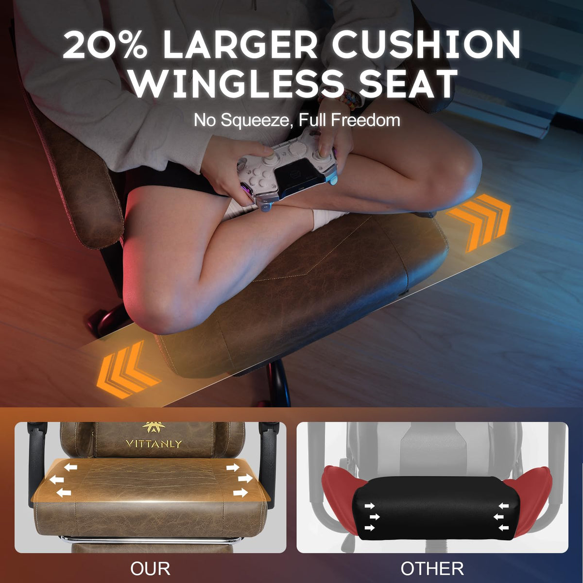 Vittanly Gaming Chair with Spring Cushion, Ergonomic Gaming Chair, Gamer Chair with Headrest, Lumbar Cushion and Footrest, Height-Adjustable Rotating Gaming Chair, Office Chair, 150 kg, Black