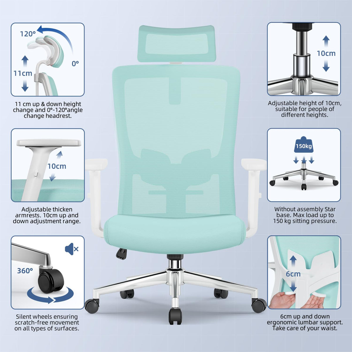 Ergonomic Office Chair with Adjustable Lumbar Support, Armrests and Headrest, Swivel Office Chair 150 kg, Desk Chair, Executive Chair, Rocker Function up to 135°