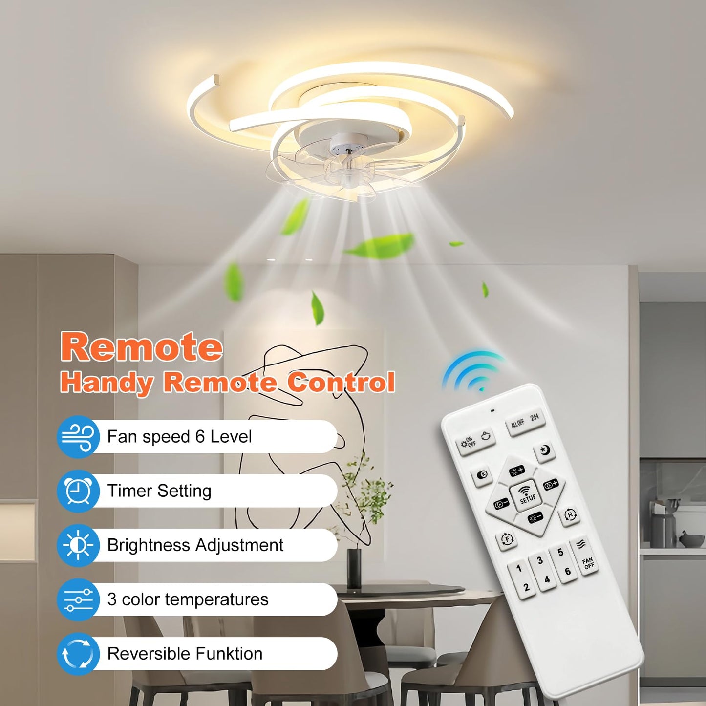 LED Lighting with Mute Ceiling Fan 45W Ceiling Light with Fan Light, App and Remote Control, Creative Shape Acrylic Shade (White) Living Room Bedroom Kitchen (White)