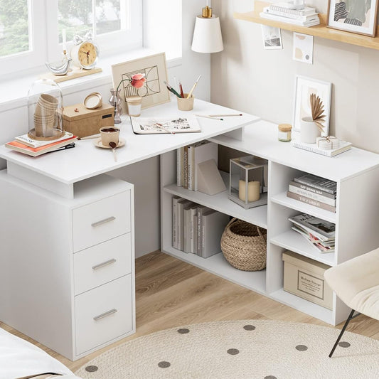 FirFurd 129 x 104 cm Corner Desk, L-shaped Desk, Kids Computer Desk for Adults with 3 Drawers and 5 Shelves for Home Office, 129 x 104 x 76 cm, White