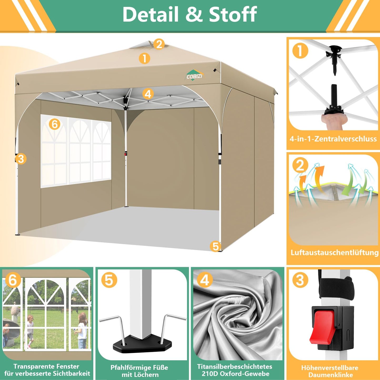 COBIZI Faltpavillon 3x6 Pavillon wasserdicht Winterfest, Ein-Tasten-Zentralverriegelung Partyzelt Faltbar Anti-UV mit 6 Seitenwänden, Gartenpavillon mit Leuchtstreifen für Hochzeiten, Freien, Garten