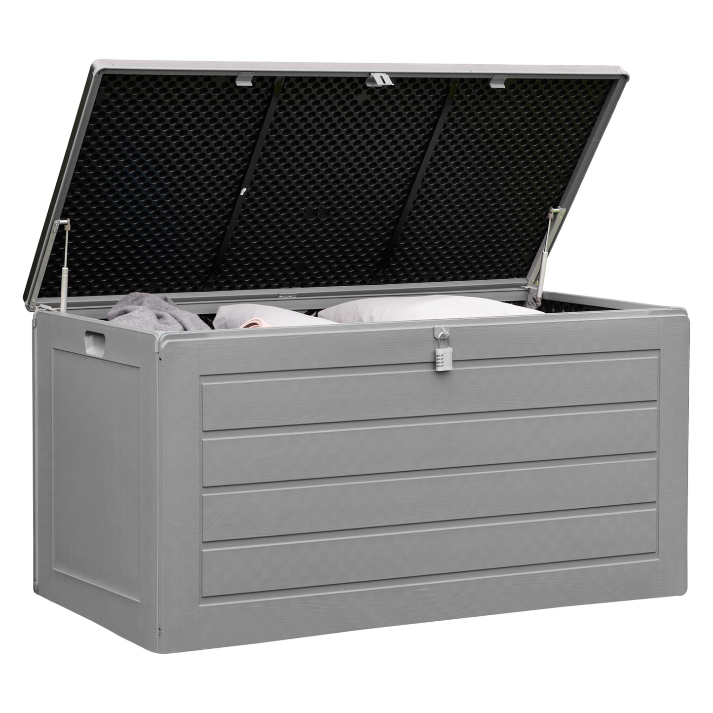 Olsen & Smith 270L Large Capacity Outdoor Garden Storage Box with Padlock Plastic Shed - Weatherproof and Stand Up with Wood Effect Chest (270L, Black)