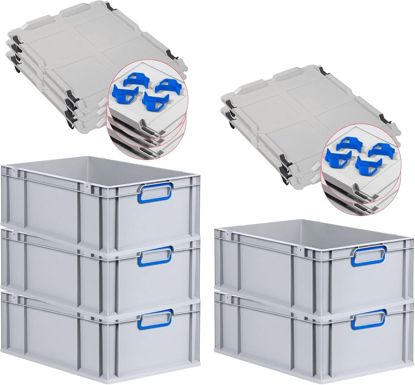 PROREGAL Economy Set of 5 Eurobox NextGen Colour with Lid and Sliding Snap Fasteners, H x W x D 22 x 30 x 40 cm, 20 L, Black, Closed Handles, Euro Container, Transport Box, Transport Container