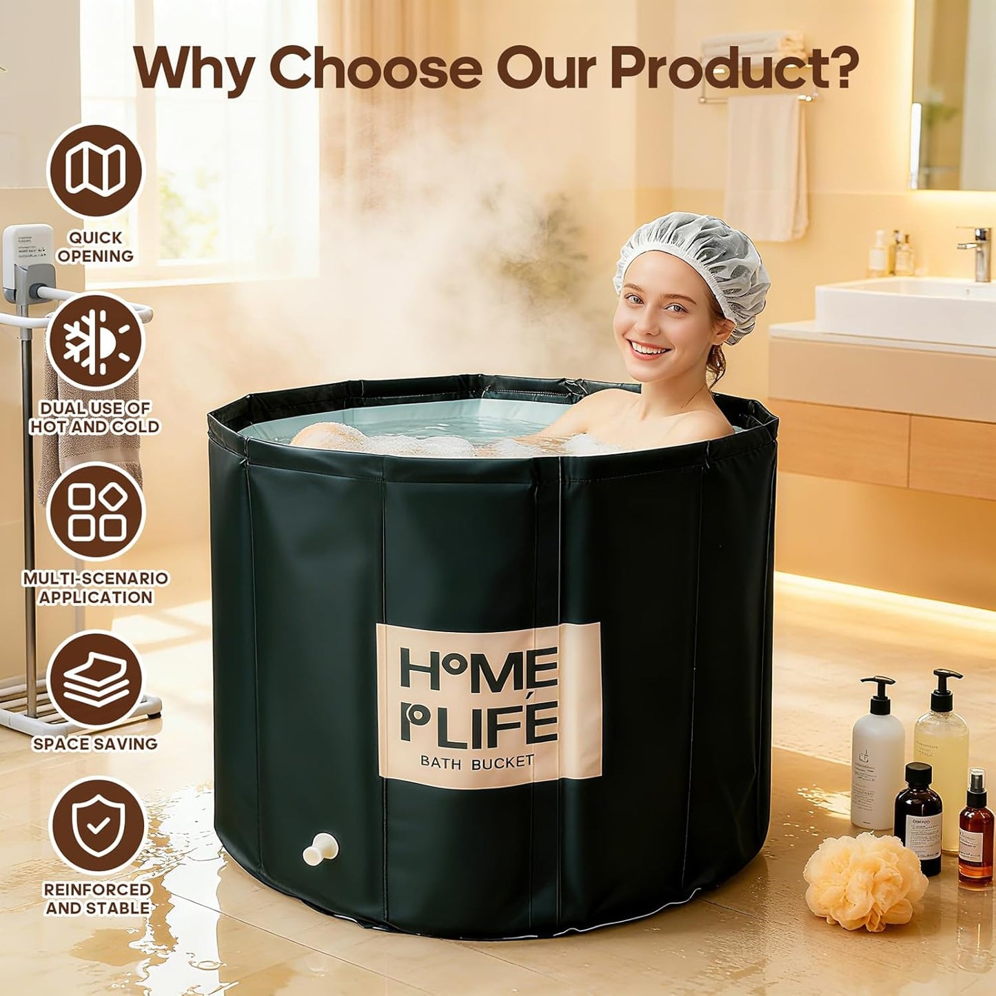 Foldable Bathtub for Shower, Freestanding Bathtub for Hot Bath and Ice Bath, Ice Bath for Adults (80 x 65 cm)