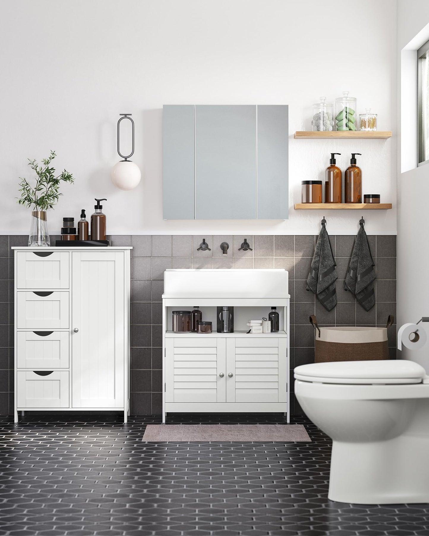 Vasagle BBC05WT Scandinavian Style Bathroom Cabinet, Storage Cabinet 60 x 30 x 60 cm with 2 Slat Doors, Adjustable Shelf with Handles - Matt White