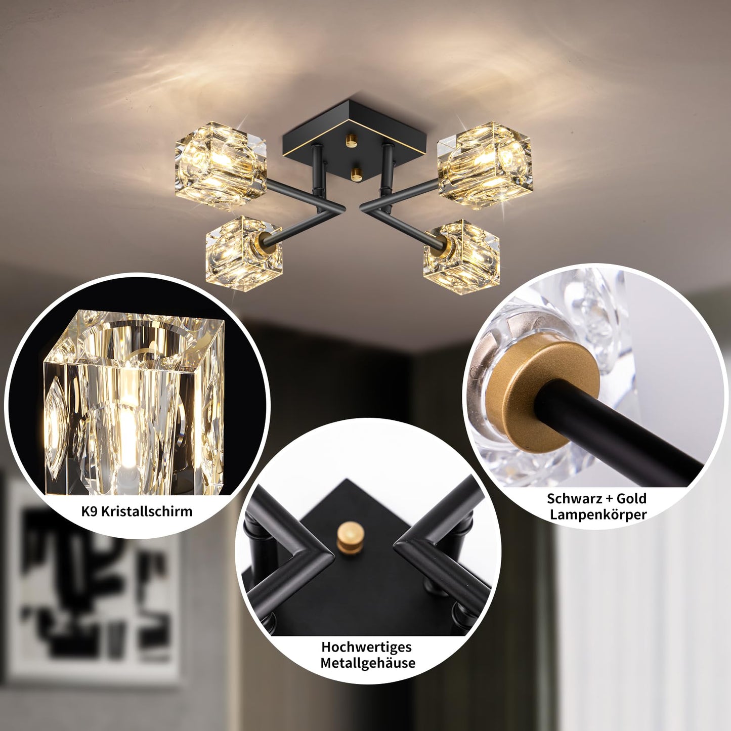 JUJUQI Moderne Kristall-Kronleuchter,Gold Hängeleuchte, K9 quadratischer Kristall Häengelampe mit 8 Lichtern,Würfel-Schirm, hängende Deckenleuchte für Esszimmer, Schlafzimmer, Wohnzimmer