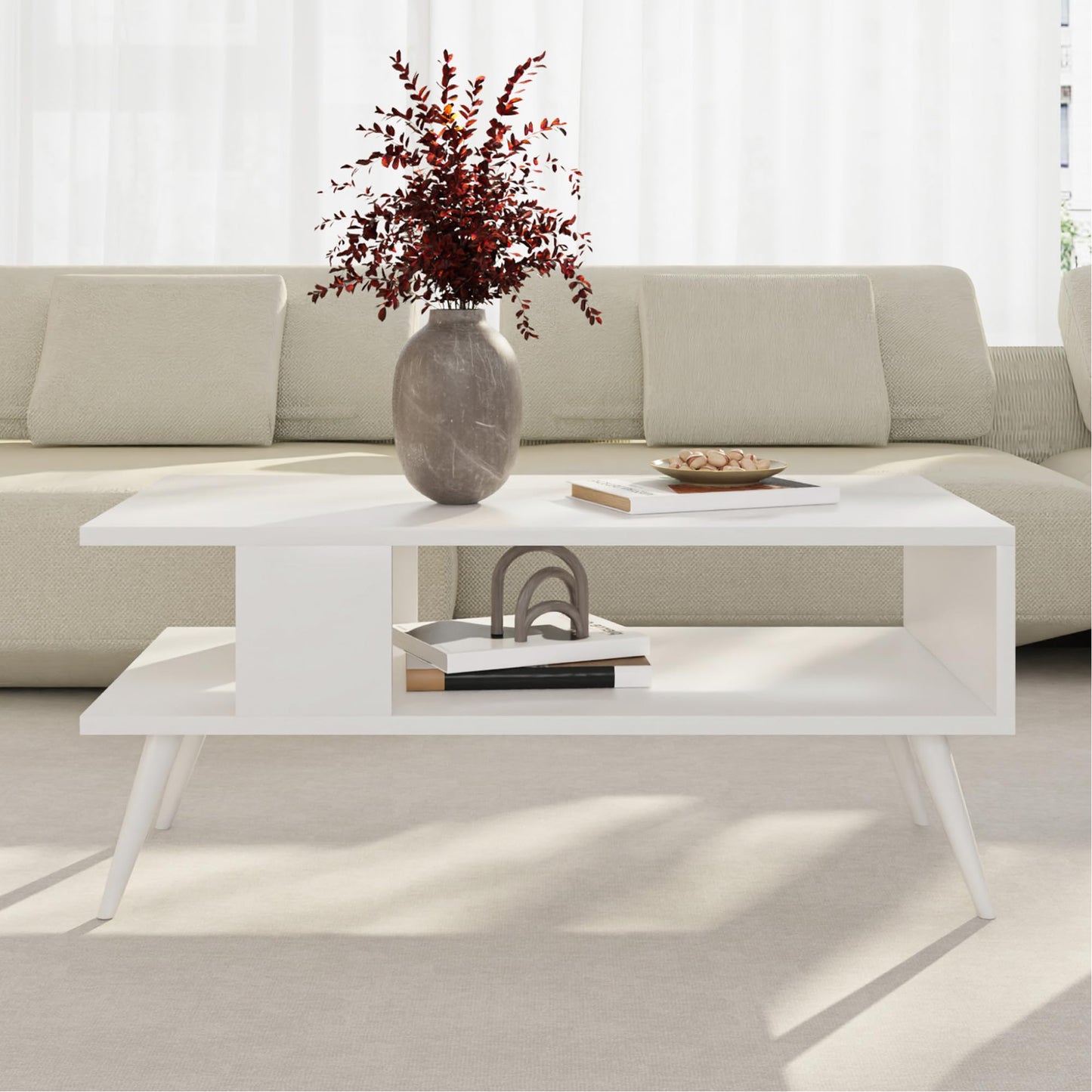 [en.casa] Lycksele Coffee Table Living Room Table with Storage Space Rectangular Black Marble Look White with Lower Shelf Sofa Table