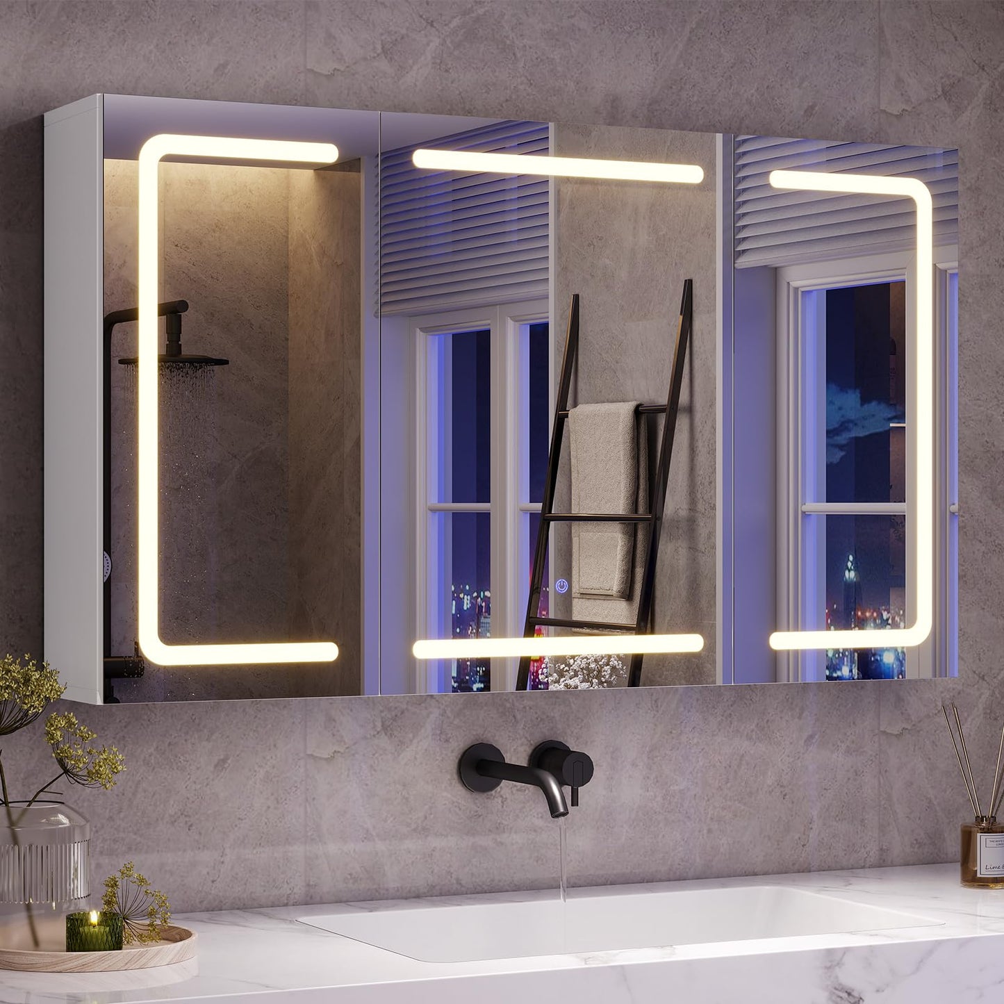 mojiasion Bathroom Mirror Cabinet 100 cm Wide with LED Lighting, Socket & 3 Colour Temperatures Dimmable Bathroom Cabinet with Touch Sensor 60 x 100 x 16 cm (H x W x D) Mirror + 3 Adjustable Shelves