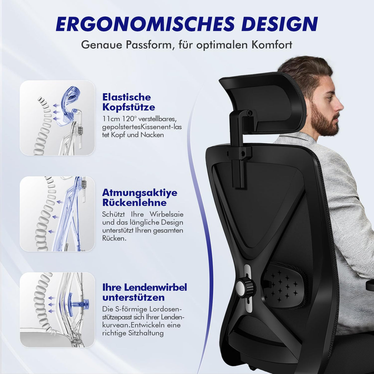 Daccormax Ergonomic Office Chair, Office Chair, Desk Chair with Adjustable Armrests, Soft Lumbar Support Made of Natural Sponge and Headrest, Executive Chair, Swivel Chair, Rocker Function, 150 kg