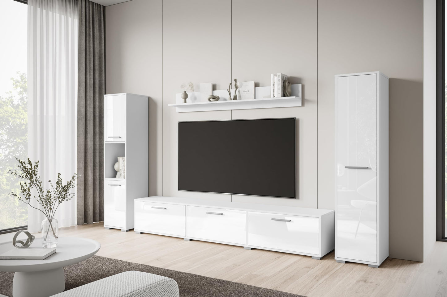 MINIO go for it - Living Room Wall Unit 4-Piece Toga, Living Room Furniture Set, 1 x TV Lowboard, 2 x Tall Cabinet, 1 x Wall Board, Living Room Furniture Complete, Living Room Set - Colour Wotan Oak