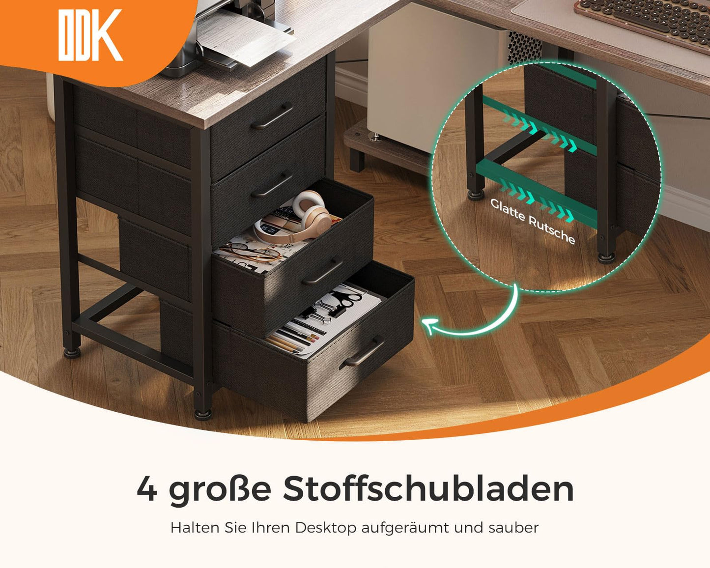 ODK Corner Desk with 4 Drawers, 135 x 100 cm, L Shape Desk with Socket and USB Charging Port, Reversible Desk with Storage Space for Home Office and Gaming, Black