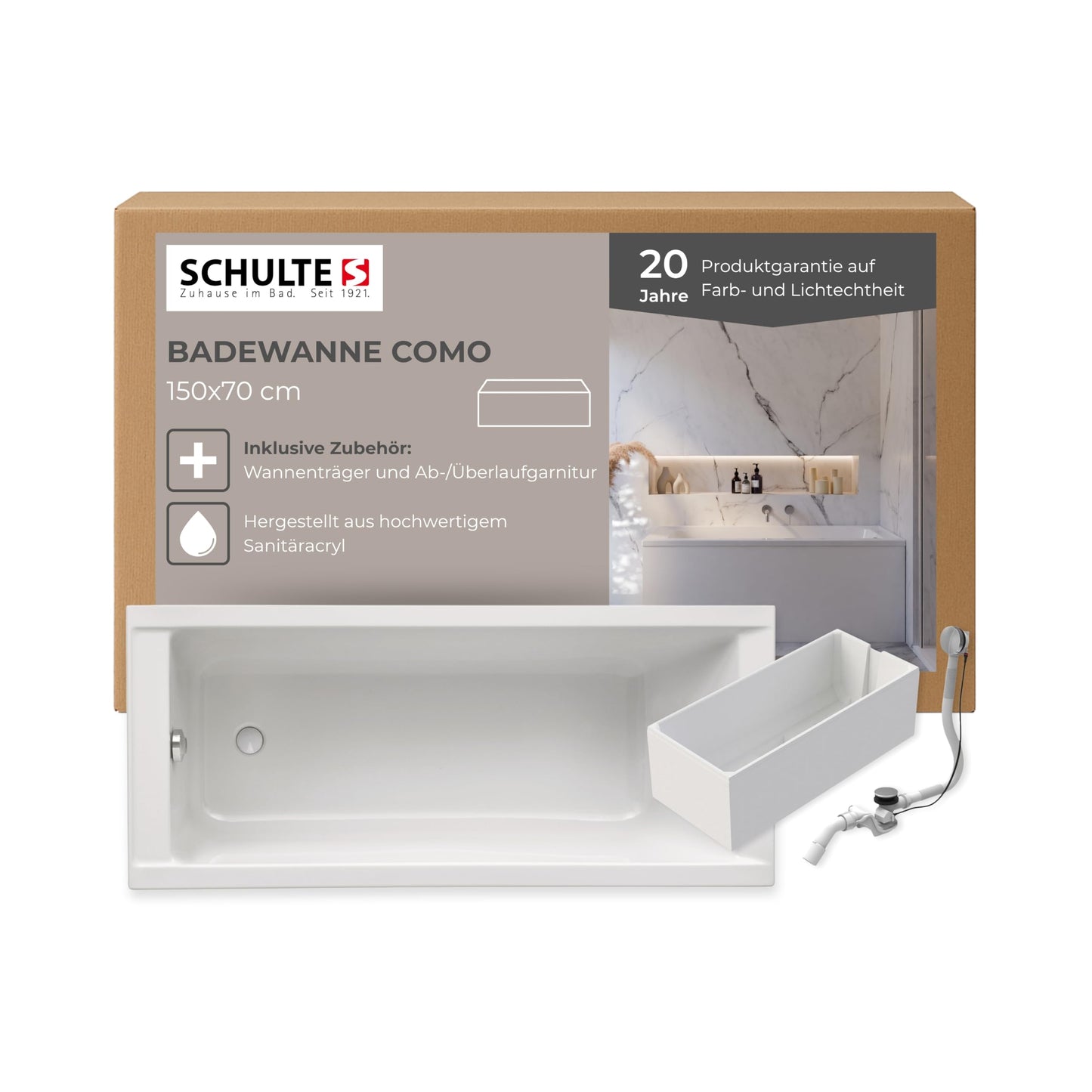 Schulte Como Bathtub 150 x 70 cm Complete with Bath Support and Drain Made of High-Quality Acrylic in Glossy White