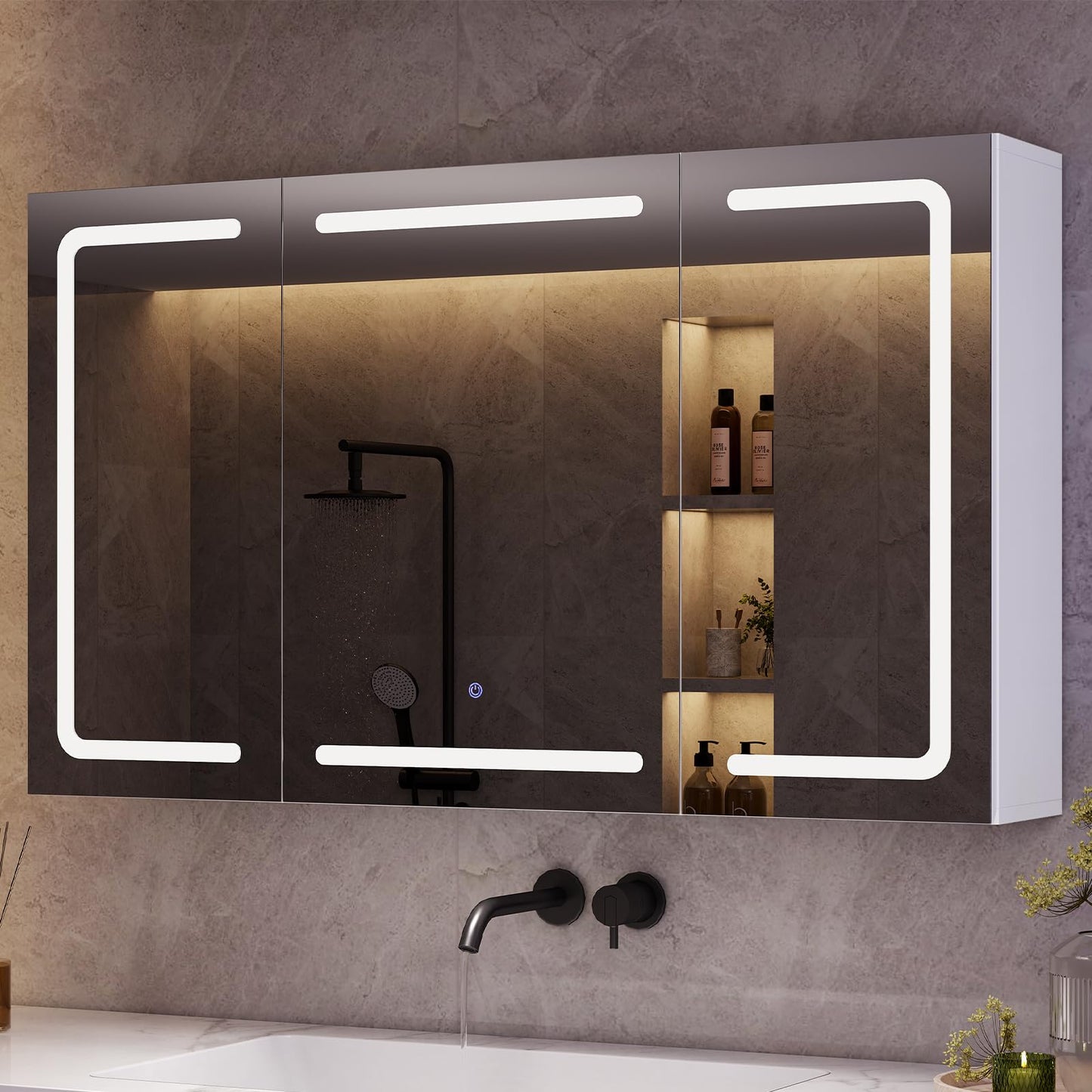 mojiasion Bathroom Mirror Cabinet 100 cm Wide with LED Lighting, Socket & 3 Colour Temperatures Dimmable Bathroom Cabinet with Touch Sensor 60 x 100 x 16 cm (H x W x D) Mirror + 3 Adjustable Shelves