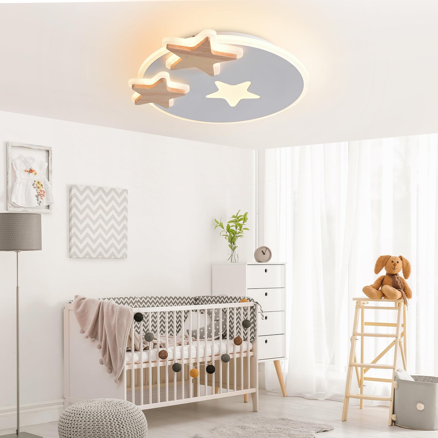 34 cm LED Ceiling Light Bedroom Wooden Children's Room Lamp Ceiling Star Children's Lamp Dimmable Ceiling Lamp for Children Lamp with Remote Control