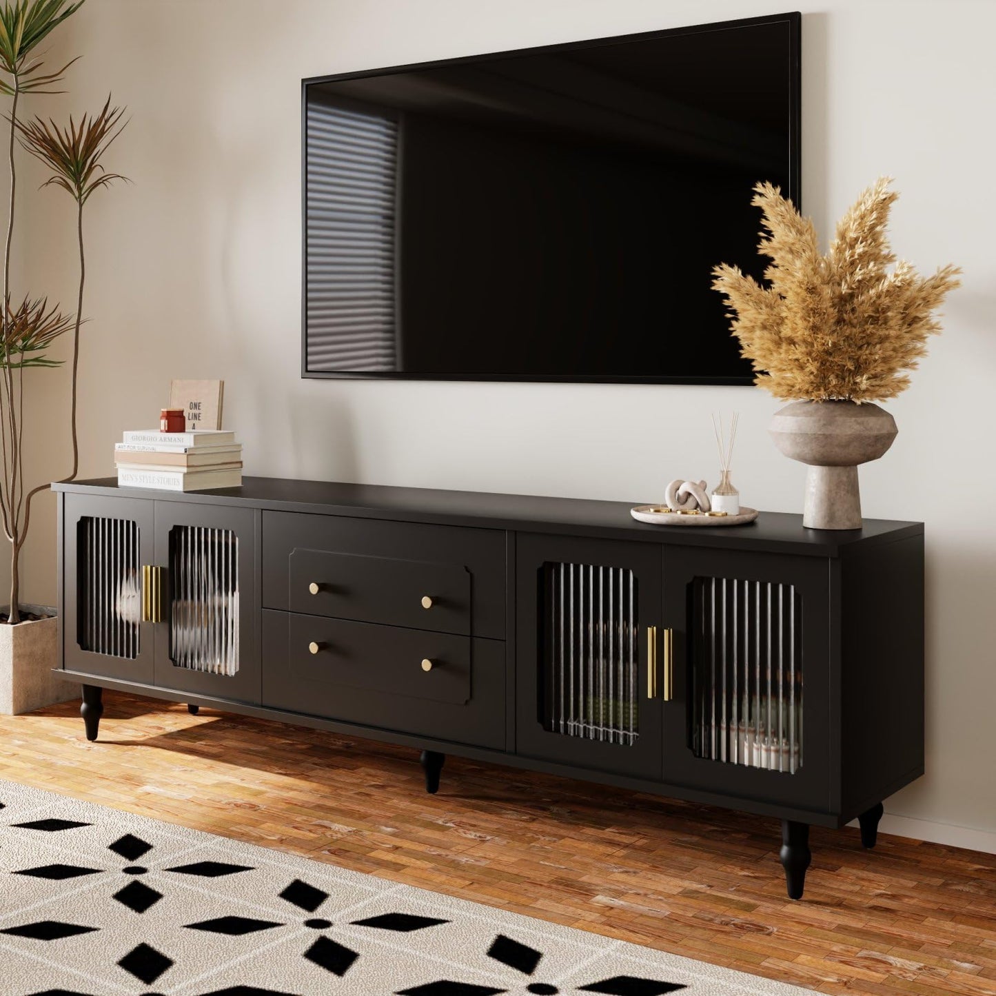 TV Cabinet with 3 Drawers, TV Table with Golden Handles and Legs, Modern TV Stand for TVs up to 75 Inches, Rounded Corners, TV Cabinet for Living Room, 174 x 35 x 41 cm, White