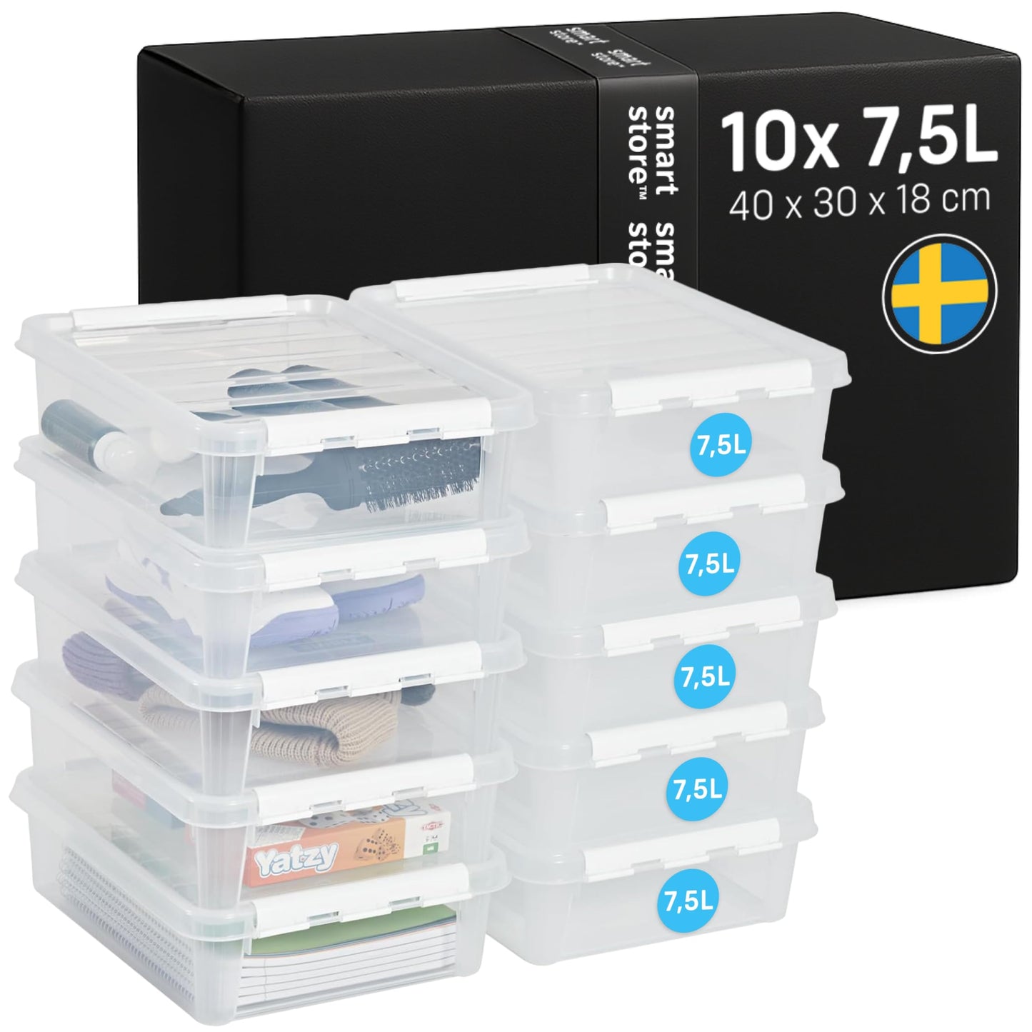 SmartStore Storage Box with Lid, 14 Litres, Pack of 4, Reinforced, Large, Transparent, Food Safe, with Clip Closure, Stackable, BPA-Free Plastic, 40 x 30 x 18 cm (L x W x H)