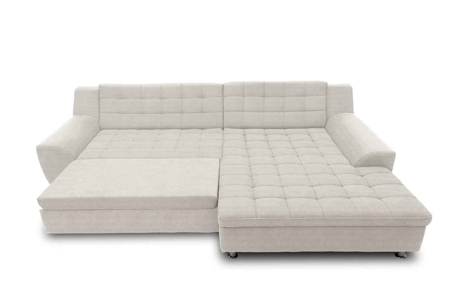 DOMO. collection Merida Corner Sofa, Sofa with Sleep Function in L-Shape, Corner Couch with Bed Box, Sofa Bed 304 x 200 x 84 cm (W x D x H), Beige