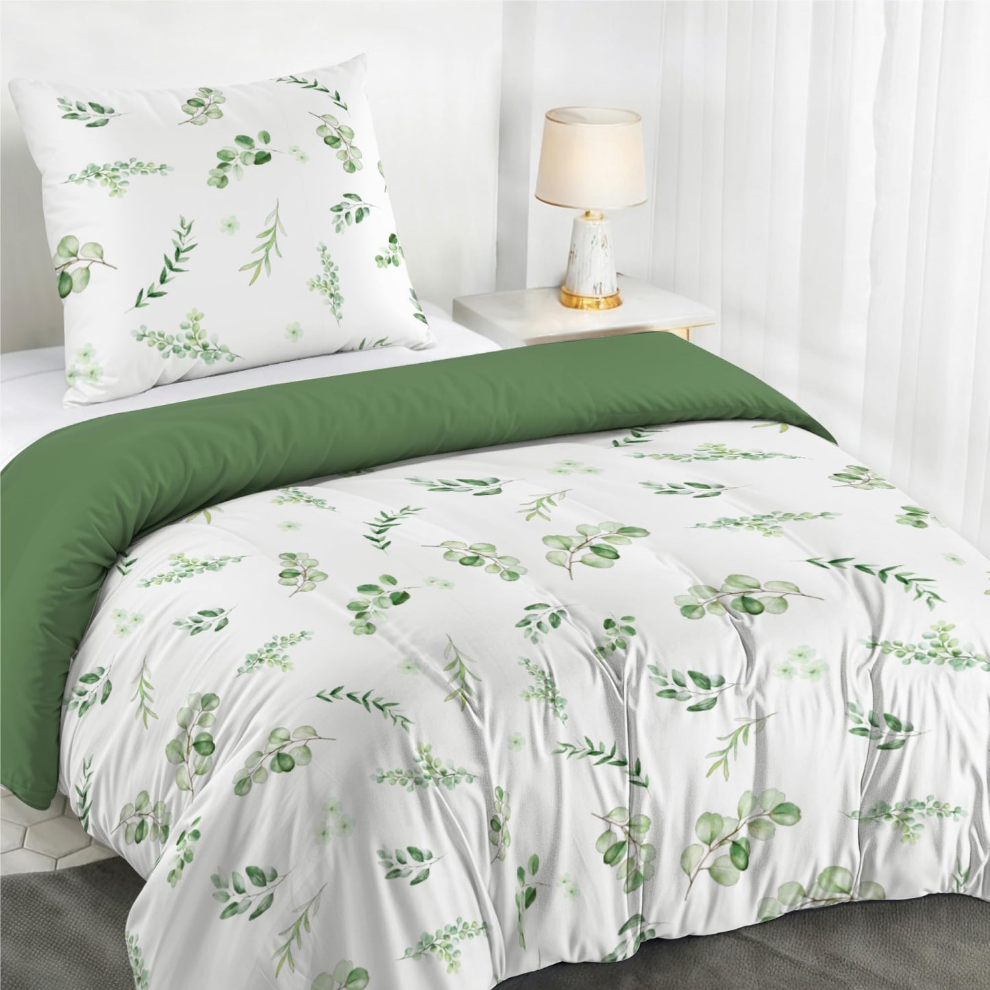 Dreamzie Bed Linen Set 155 x 220 cm with 2 Pillowcases 80 x 80 cm, Botanic Motif Sage Green, Adult Bed Linen, 155 x 220 cm, Made of 100% Microfibre, Certified, No Chemicals (OEKO TEX)