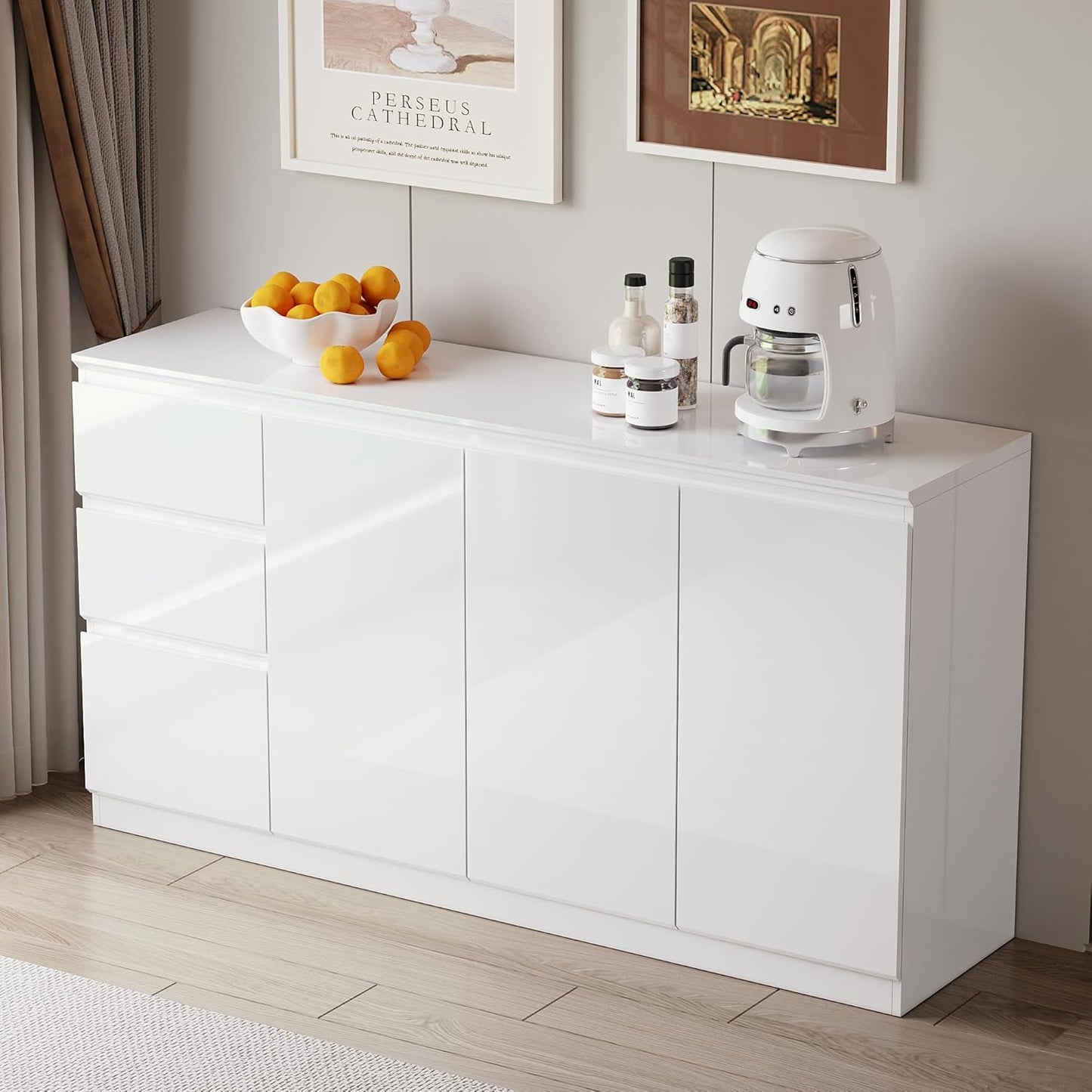 Caldion Kitchen Sideboard, Kitchen Cabinet, 3 Drawers and 3 Doors, Glossy, for Kitchen, Storage Cabinet with Doors, Entrance Area, Living Room, 155 x 40 x 83 cm, White