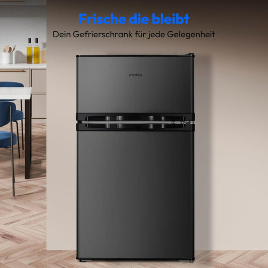 MEDION MD 37689 Mini Fridge-Freezer Combination (85 Litres, 61 L Fridge Compartment, 24 L Freezer, Freestanding, 40 dB, Transparent Vegetable Drawer, Interchangeable Door Hinge, Grey