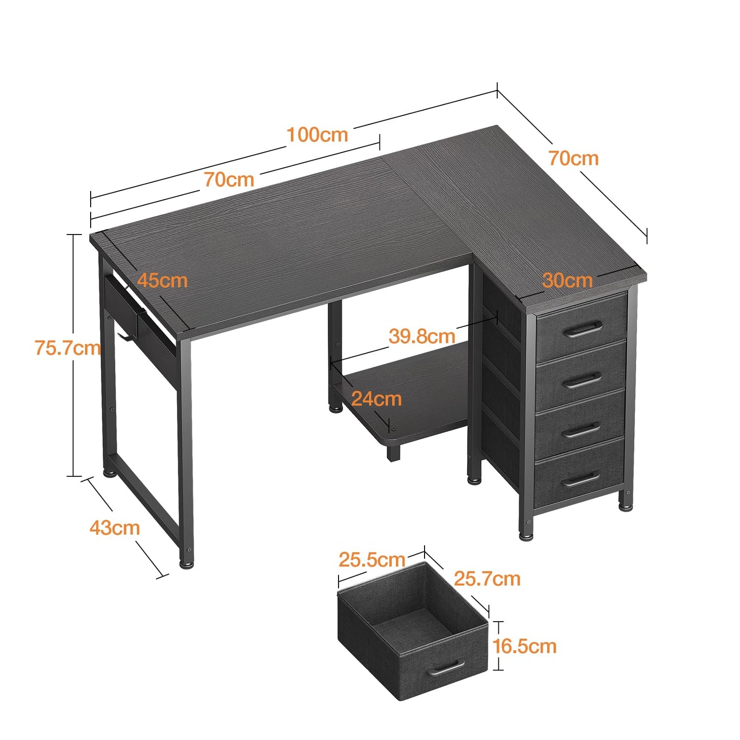 Coleshome Corner Desk, 100 x 70 cm, L Shape Desk with 4 Drawers, Reversible Computer Desk for Office, Study, Bedroom, White