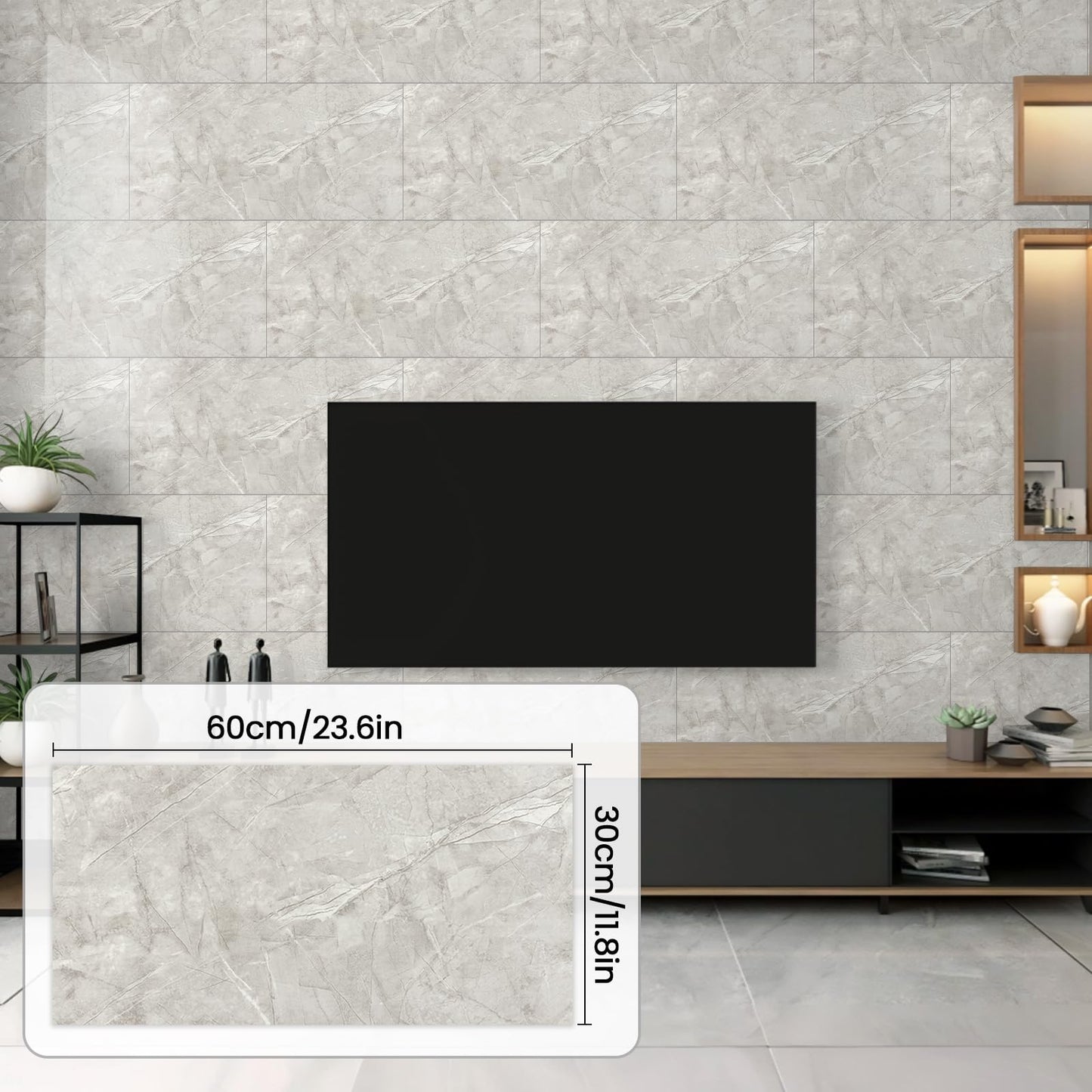 Hode Pack of 10 Adhesive Tiles, Kitchen Marble, 60 x 30 cm, Self-Adhesive Tiles, White, Waterproof, Wall Panels, Self-Adhesive for Kitchen Splashback, Bathroom, Living Room, Wall Tiles