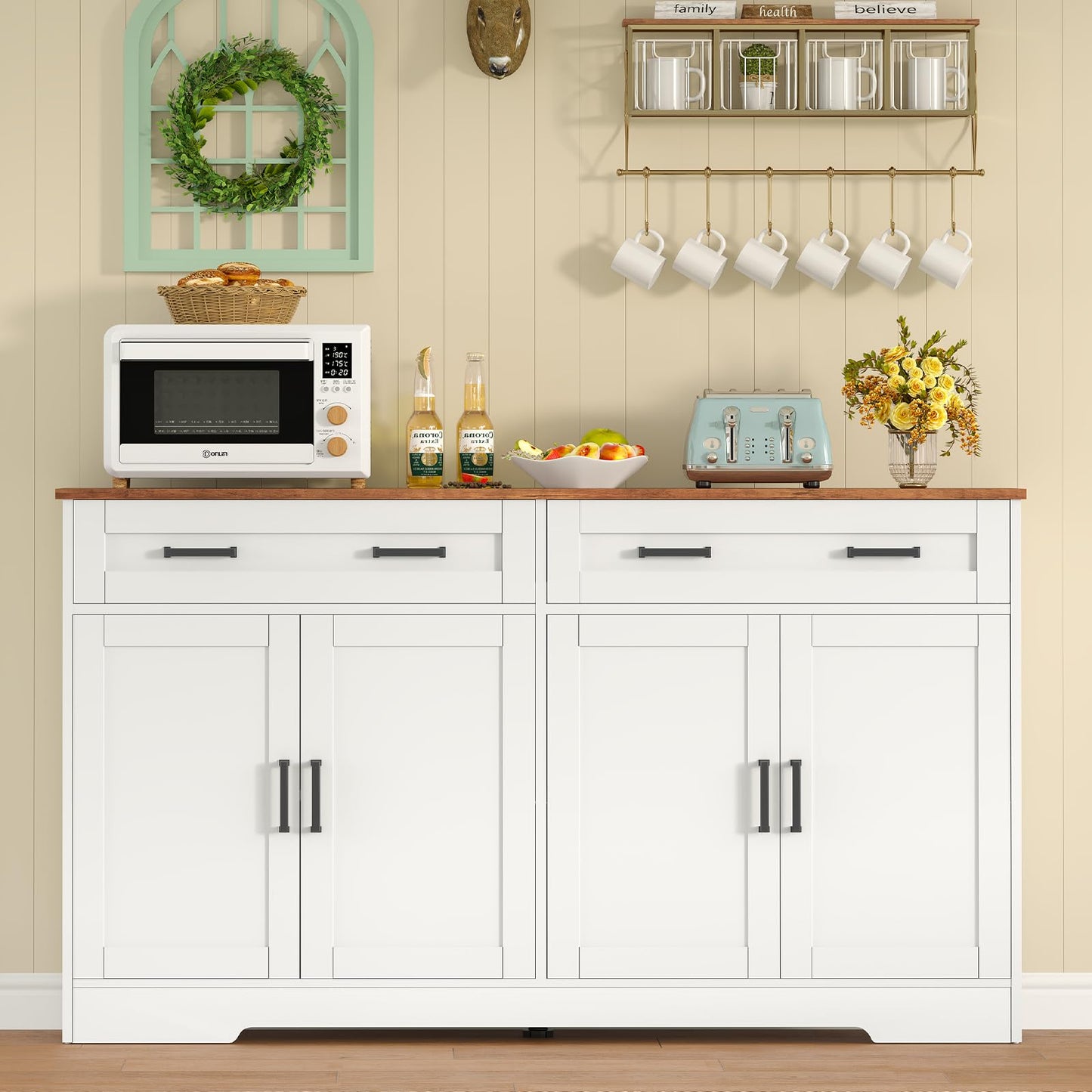 TEENFON 140 cm (W) Sideboard, 80 cm (H) Kitchen Cabinet with Worktop, Buffet Cabinet with 2 Drawers & Adjustable Shelves, Kitchen Unit for Kitchen, Living Room & Hallway - 140 x 40 x 80 cm - White