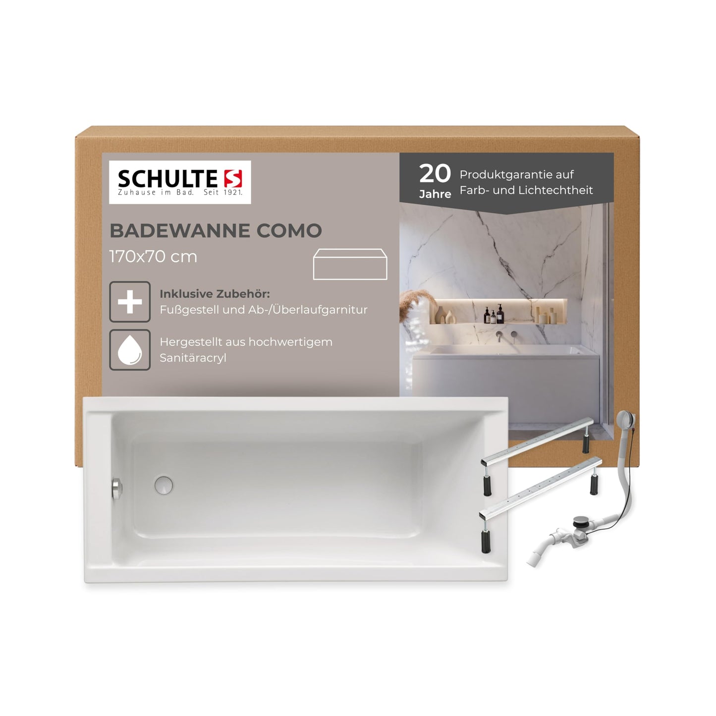 Schulte Como Bathtub 150 x 70 cm Complete with Bath Support and Drain Made of High-Quality Acrylic in Glossy White