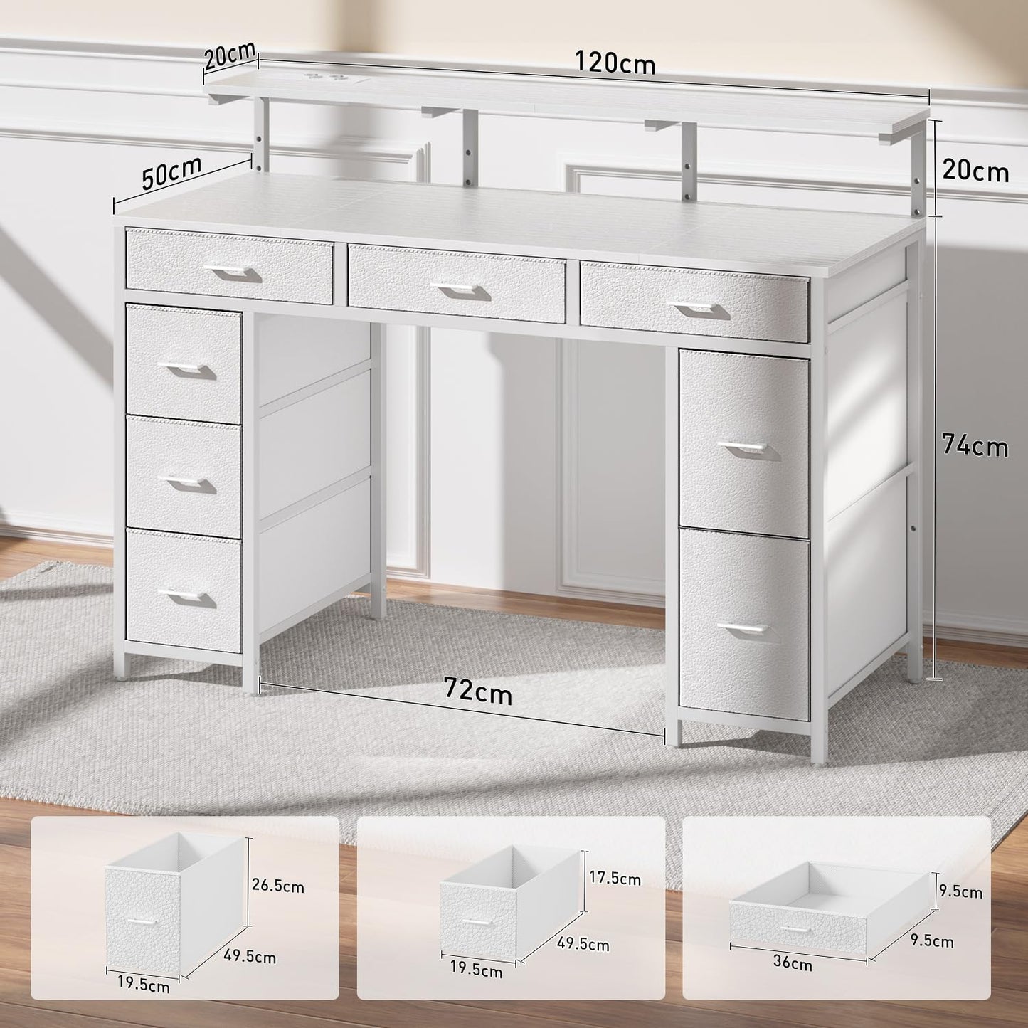 Schreibtisch mit 8 Schubladen, Computertisch mit 2 Steckdosen und 2 USB Ladeanschluss, Bürotisch mit LED und Monitorständer, PC Tisch für Büro, Wohnzimmer, 120 x 50 x 74 cm, Weiß