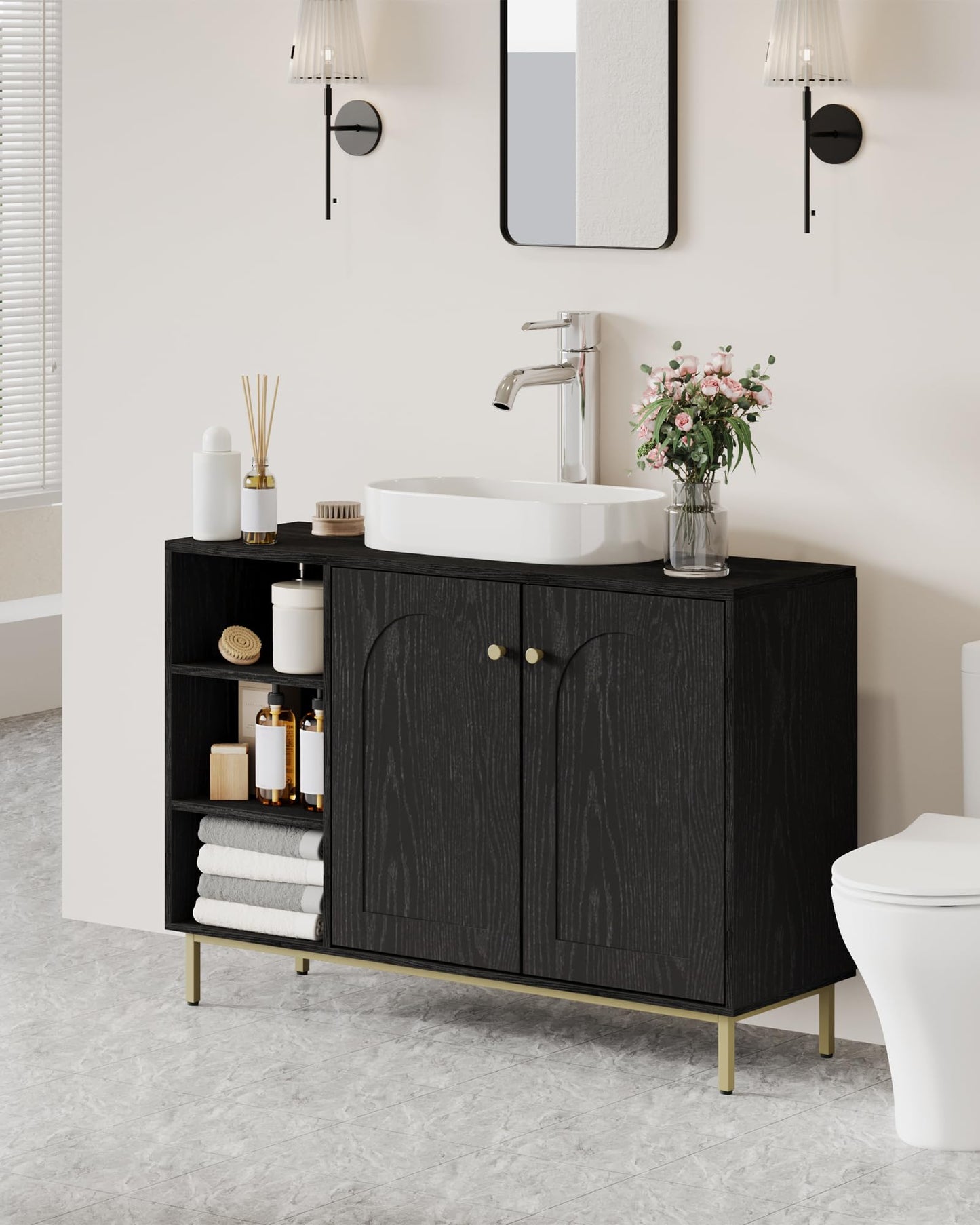 Hzuaneri SC10203G Bathroom Cabinet, Kitchen Cabinet with 2 Doors, Side Cabinet, Sideboard with Open Compartment, Chest of Drawers, Adjustable Shelf, Bathroom, 35 x 100 x 75 cm, White Gold