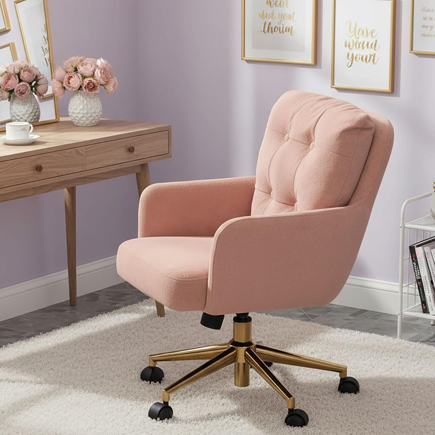 Schreibtischstuhl Polsterstuhl Samt, 360° Drehstuhl mit Rollen, Armlehnstuhl Höhenverstellbar mit Metallbeinen und Kissen, Bürostuhl Beige