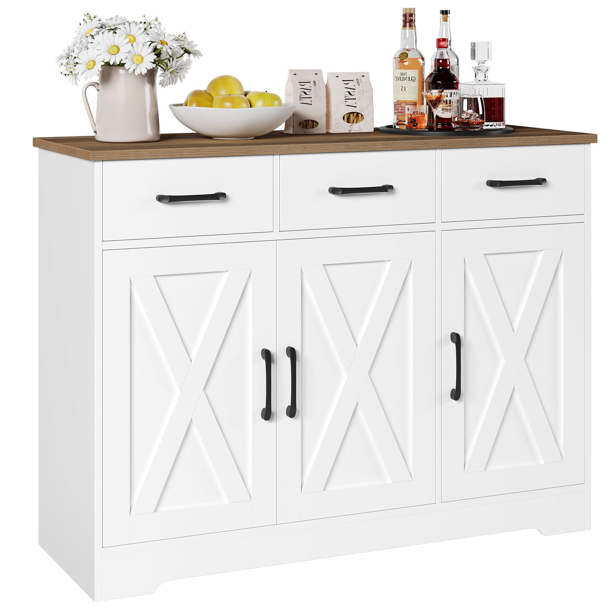 HOCSOK Sideboard, Kitchen Cabinet with 3 Drawers and 3 Doors for Kitchen, Buffet Cabinet with Worktop for Dining Room, Living Room, Wood, White & Brown