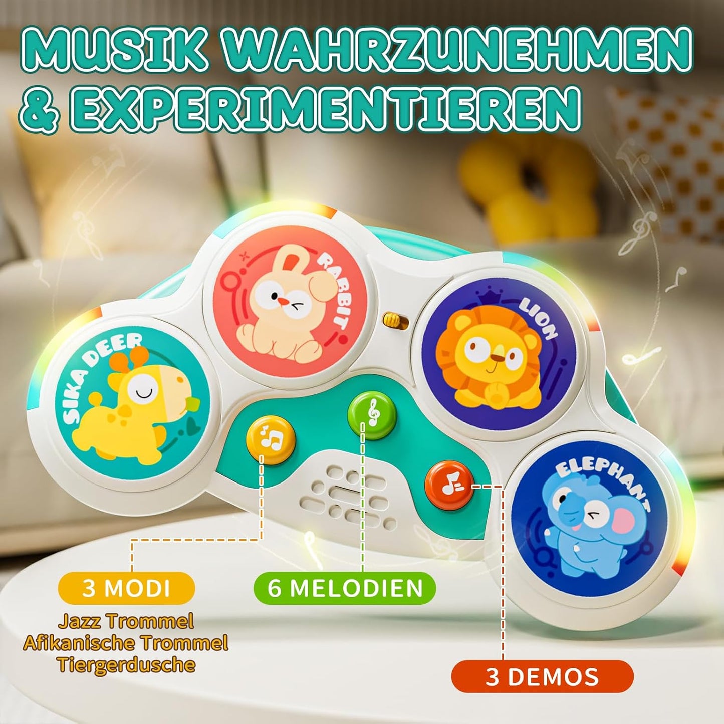 Lehoo Castle Baby Trommel Musik Spielzeug ab 6 Monate, Babyspielzeug mit 3 Arten von Klangeffekten + intelligente Spielmodus, 3 6 9 12 Monate+ Baby Geschenk sensorische Ausbildung