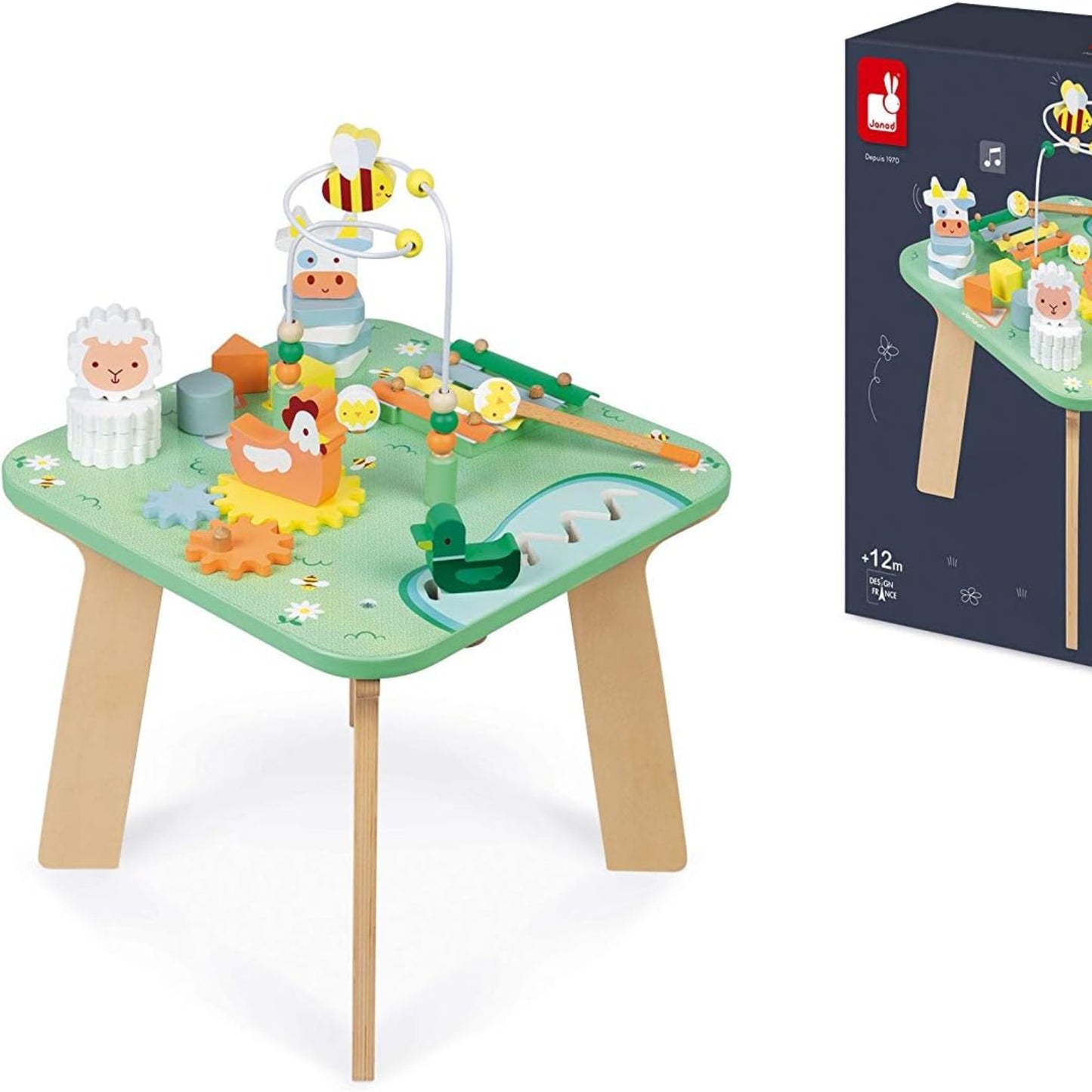 Janod - Jolie Prairie Activity Table - Wooden Play Table with 7 Activities - Multi-Activity Wooden Table with Animal Motifs - Motor Skills Development and Early Musical Education - From 12 Months,