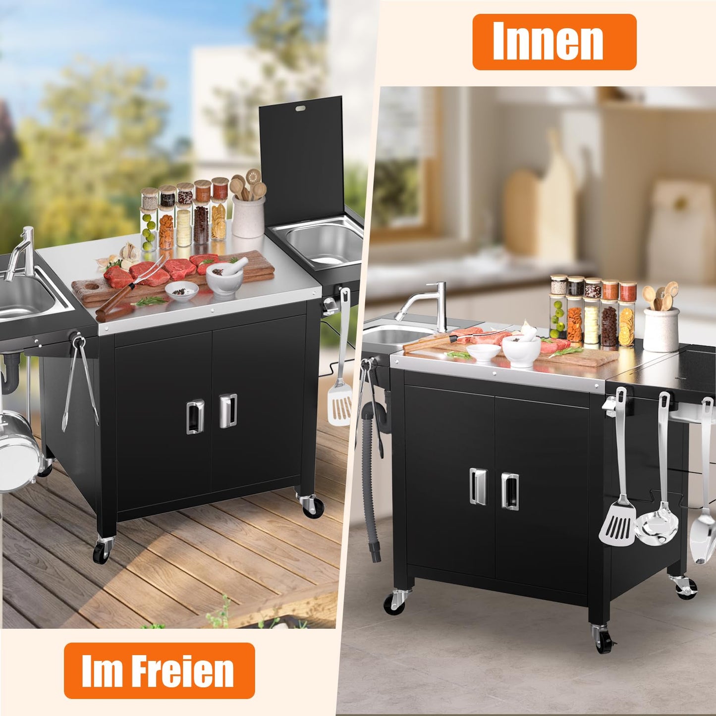 GFTIME Barbecue Trolley, 154 x 63 x 89 cm, Outdoor Kitchen Trolley, Outdoor Kitchen, Grill Table for Onni Pizza Ovens, Outdoor Kitchen for Ninja Woodfire and Weber Q Series, Mobile Pizza Oven Table