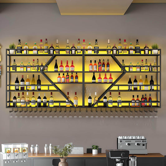 Weinregal aus Metall, großer Weinflaschenhalter aus Wandmontage mit 3 Ebenen, modernes, schwebendes Barregal in Rautenform,für die Dekoration von Restaurants und Bars zu Hause (schwarz, 200cm)
