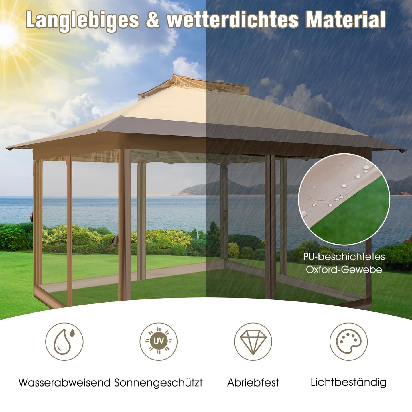 COSTWAY Folding Gazebo 4 x 4 m, Pop Up Gazebo with Wheels and Carry Bag, Waterproof, UV Protection 50+, Party Tent, Garden Gazebo for Garden, Party, Wedding and Festival