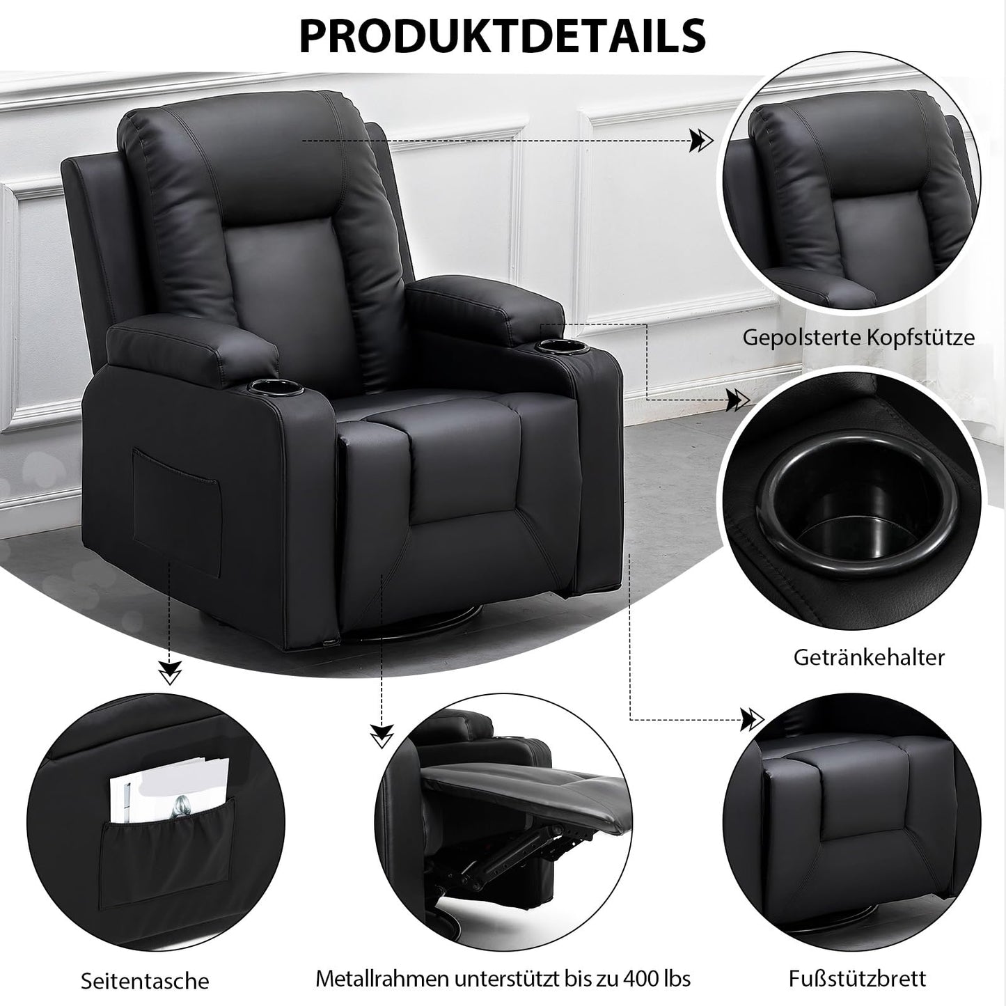 COMHOMA Relaxsessel-Set, Sofa, Sofa-Set aus Kunstleder, Fernsehsessel Ruhesessel Liegesessel mit Liege-Funktion Polstersessel Schlafsessel für Wohnzimmer Schlafzimmer Heimkino,Schwarz, 3+2+1