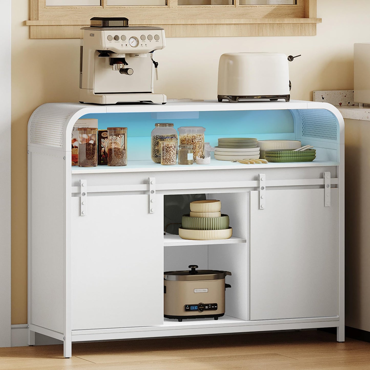 Hzuaneri SC00103WEU Kitchen Cabinet with LED Lighting, Sideboard with Power Strip, Storage Cabinet with 2 Sliding Doors, Adjustable Dividers, Kitchen, Dining Room, 35 x 100 x 80 cm, White