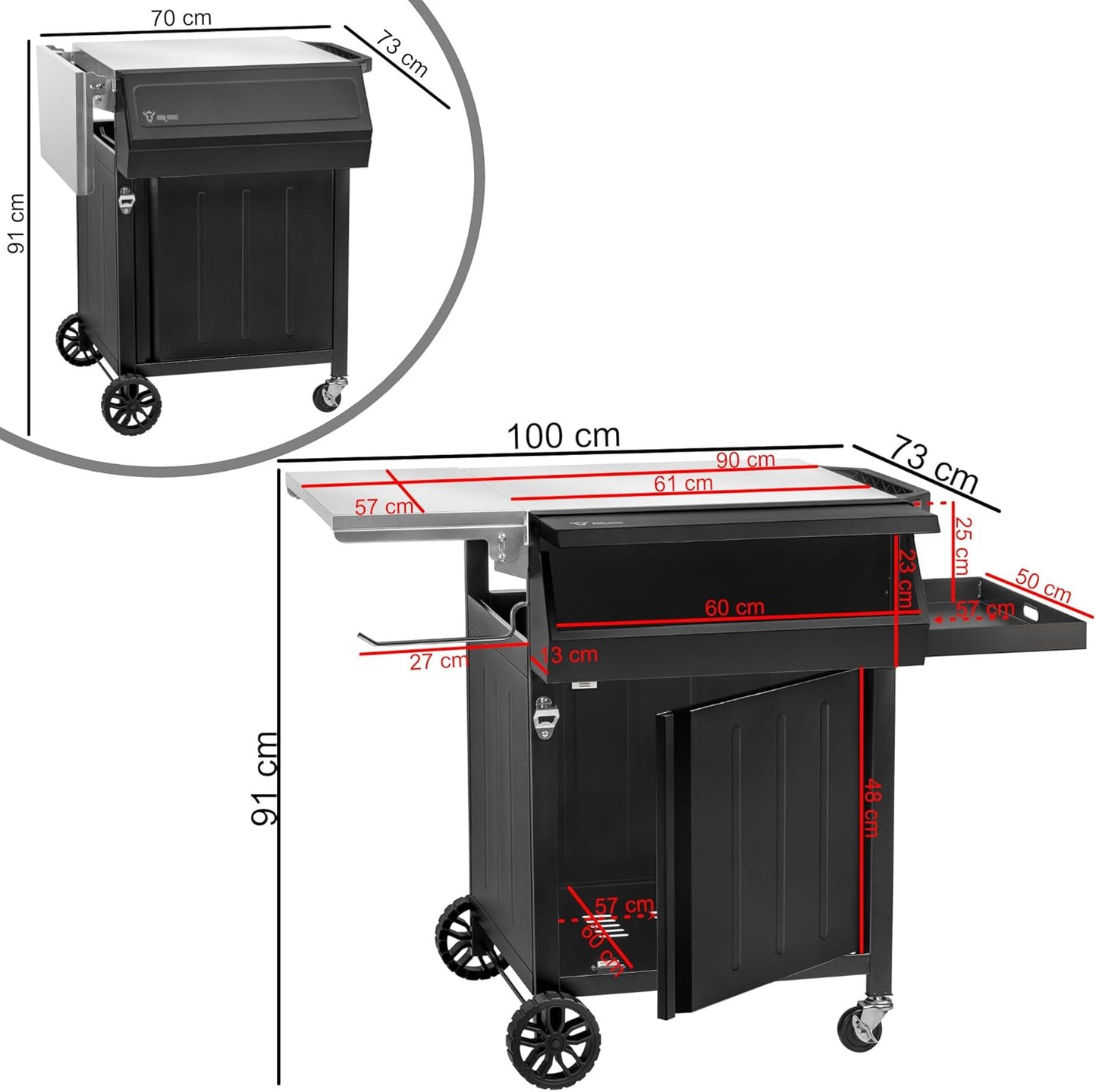 BBQ-Toro Barbecue Trolley, 100 x 73 x 91 cm, Black, Grill Table with Large Work Surface, Grill Side Table with Wheels, Outdoor Grill Trolley, Barbecue Table, Outdoor, Serving Trolley with Storage