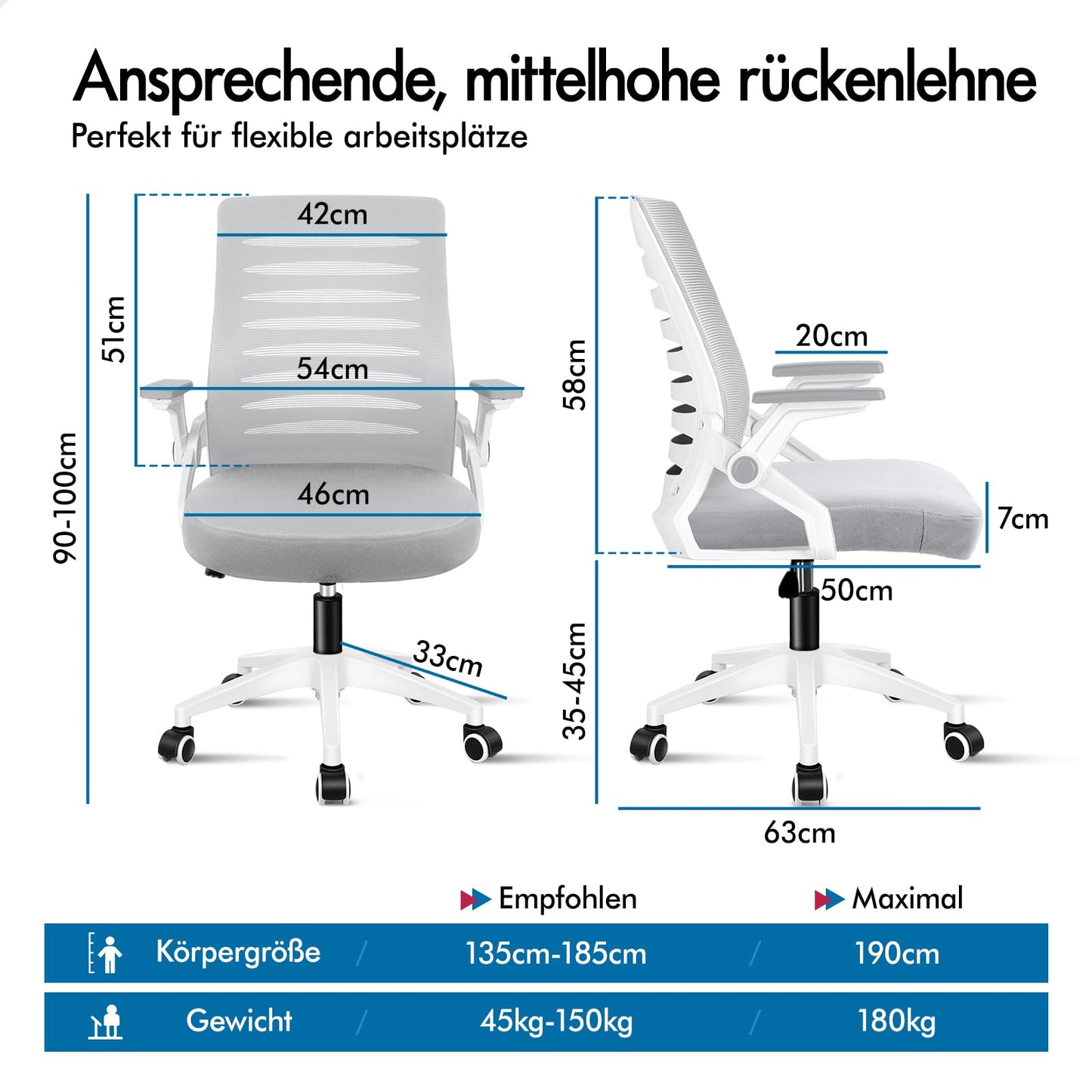ALFORDSON Bürostuhl, Lendenstütze, Atmungsaktives Netz und Stoff, Hochklappbare/Verstellbare Armlehnen, Hochwertiger Schaumstoff, 180kg für Zuhause & Gaming, Wale, Schwarz