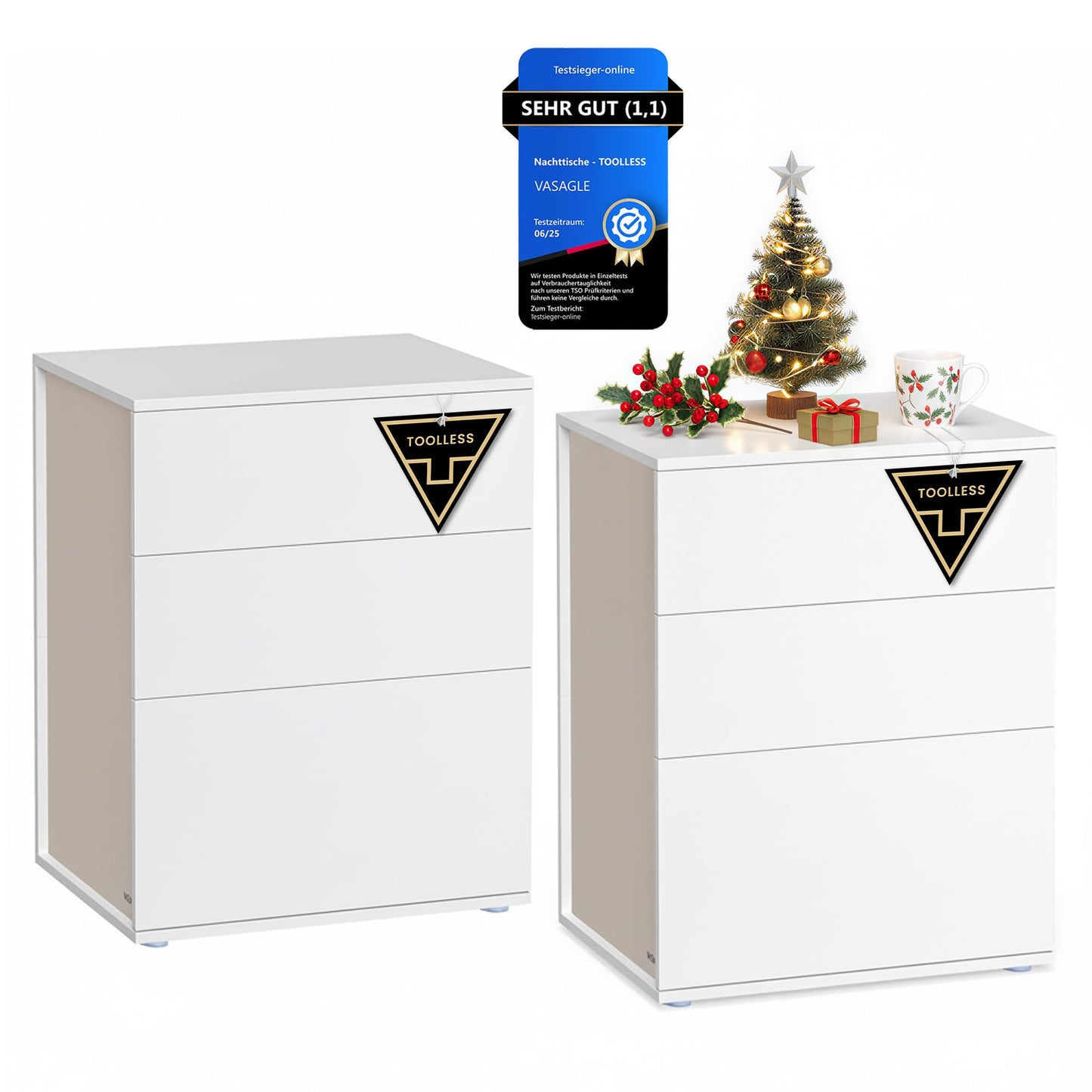 VASAGLE Bedside Table Set of 2, Toolless Technology, Super Fast Tool-Free Assembly, Side Table 3 Drawers, Bedside Cabinet, Bedroom, Living Room, Ink Black/Cappuccino Beige LET779B01