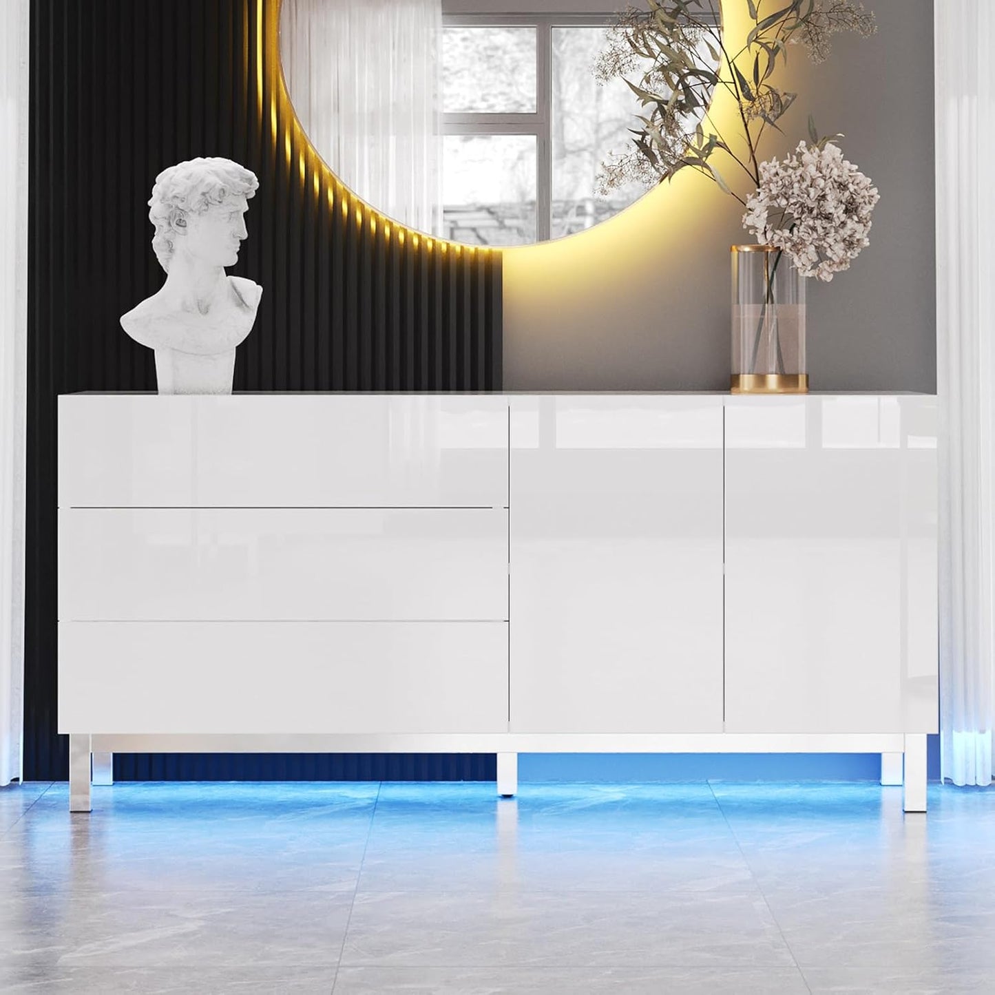 Sideboard High Gloss White with LED, Modern Sideboard with 2 Doors and 3 Drawers, Living Room, Chest of Drawers with Electro-Chromed Accents, 160 x 76 x 40 cm