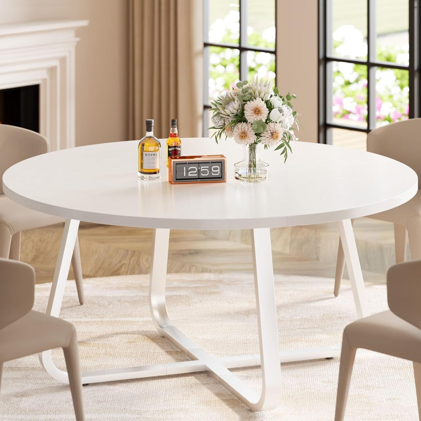 LVB White Round Faux Marble Round Dining Table Kitchen Table for 4-6 People Mid-Century Pedestal Dining Table Side Table Coffee Table Office Living Room White Marble 130cm