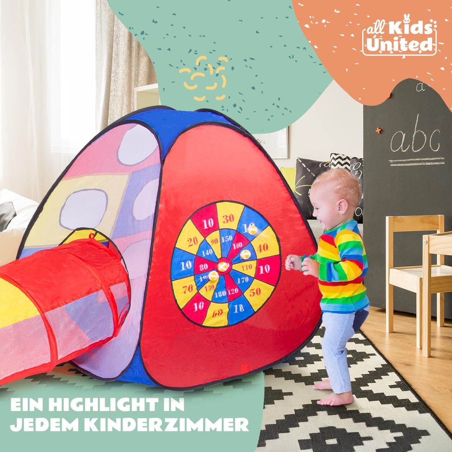 all Kids United® Play Tent with Tunnel, Ball Pit, Crawling Tunnel & More (without Balls) XXL Play Land 5-Piece Pop-Up Play House with Bag