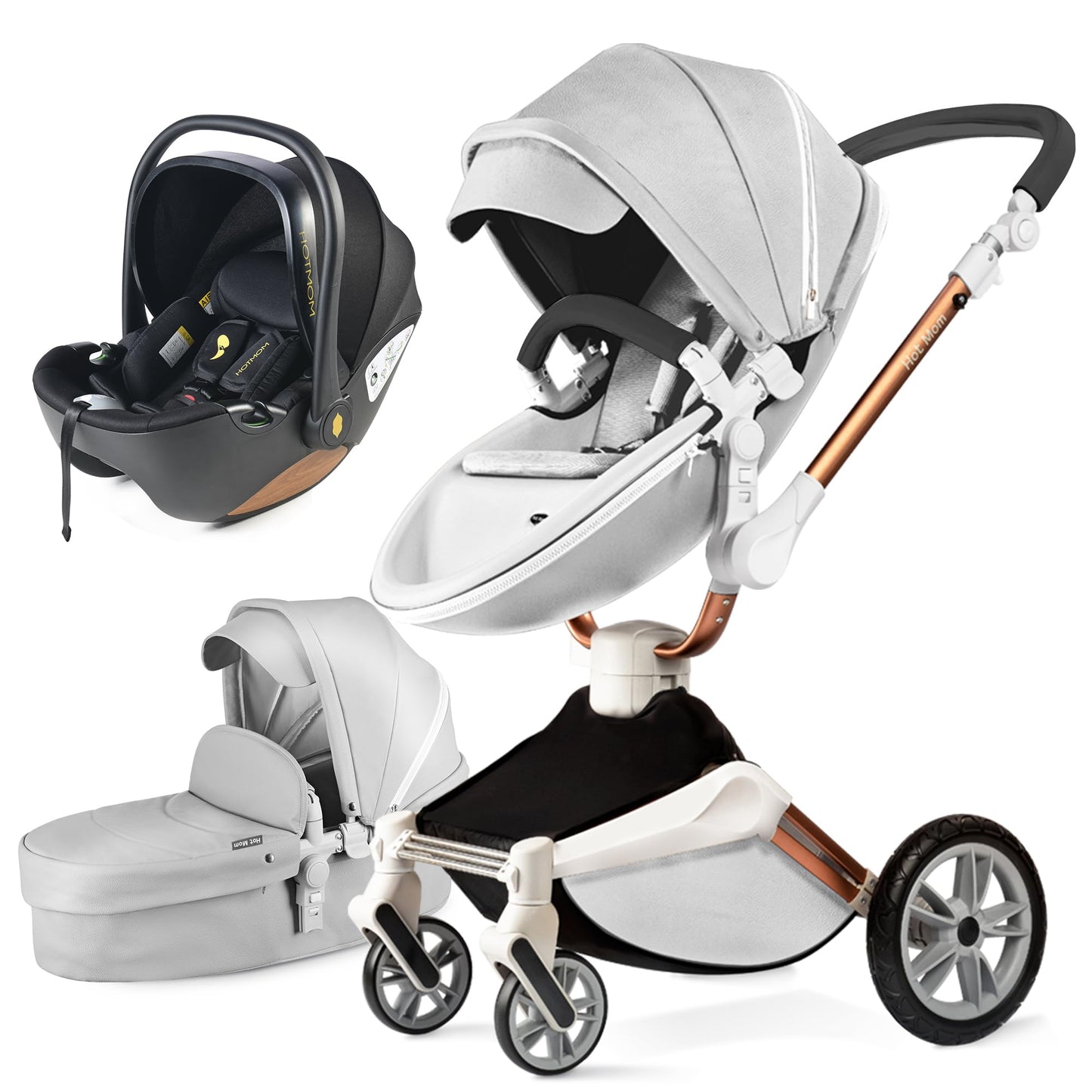 Hot Mom Pram Set with 360° Rotation Function, Combination Pushchair 3-in-1 Equipped with PU Tyres and Faux Leather Seat and Many Other Accessories, Dark Grey