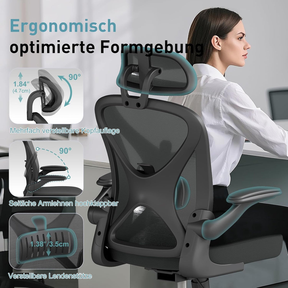 ZZH Ergonomic Desk Chair, Mesh Office Chair with Adjustable Lumbar Support & Folding Armrests, Breathable Computer Chair for Home Office with 360° Rotation & Height Adjustment, Black