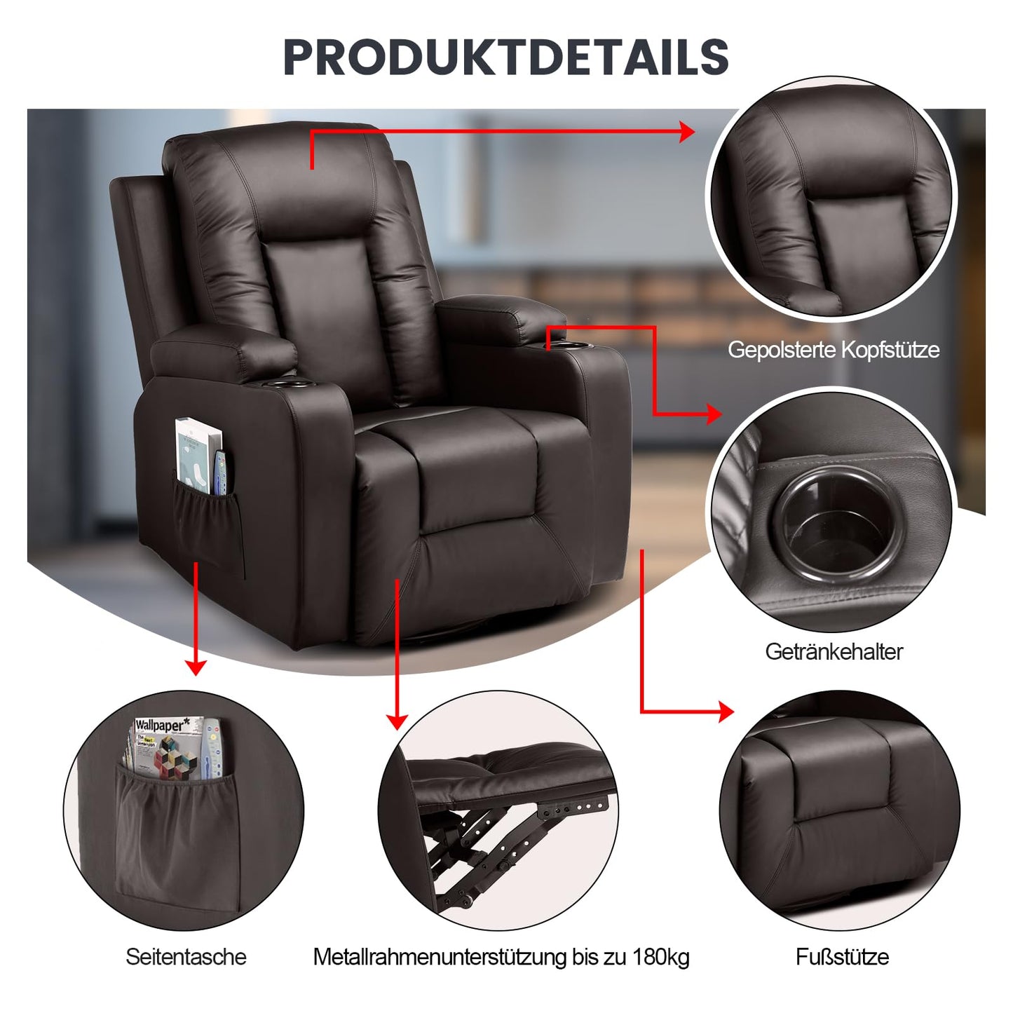 COMHOMA Relaxsessel-Set, Sofa, Sofa-Set aus Kunstleder, Fernsehsessel Ruhesessel Liegesessel mit Liege-Funktion Polstersessel Schlafsessel für Wohnzimmer Schlafzimmer Heimkino,Schwarz, 3+2+1